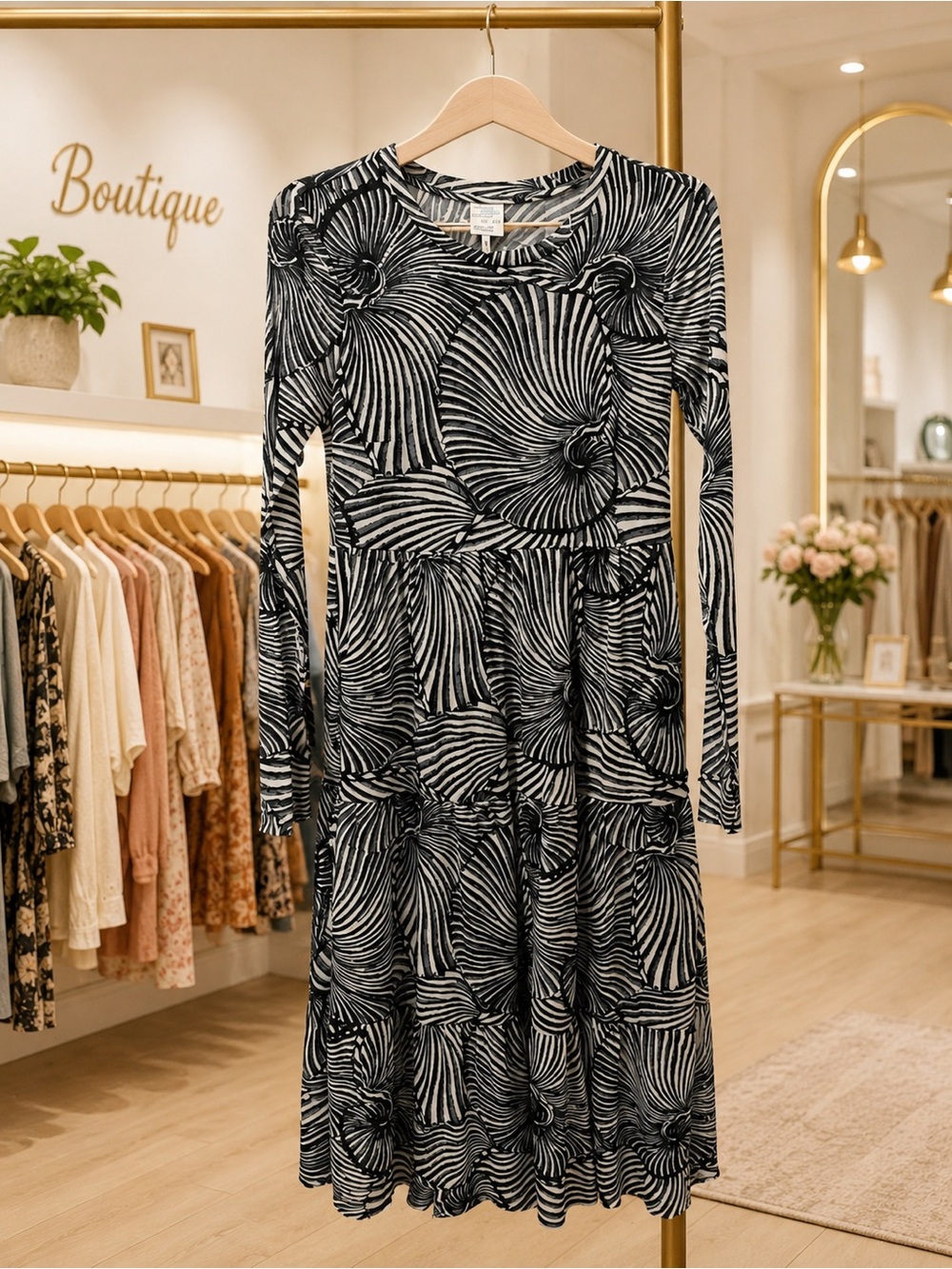 NWOT Black & White Spiral-Print Long Sleeve Maxi Dress